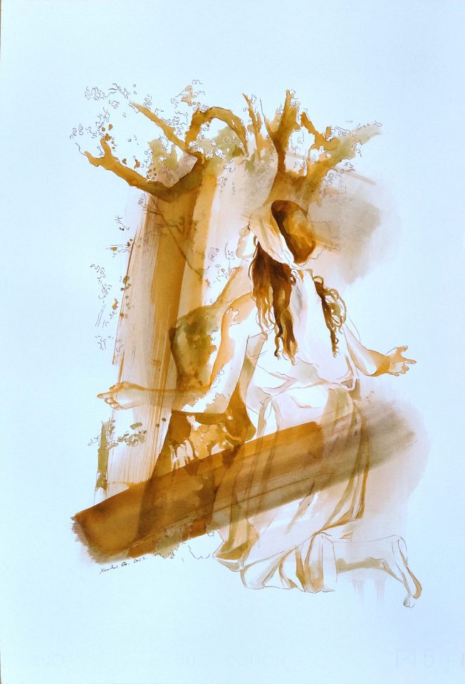 Xantus Géza, Vázlatok XIII., pác, papir, 60 x 40 cm, 2023.